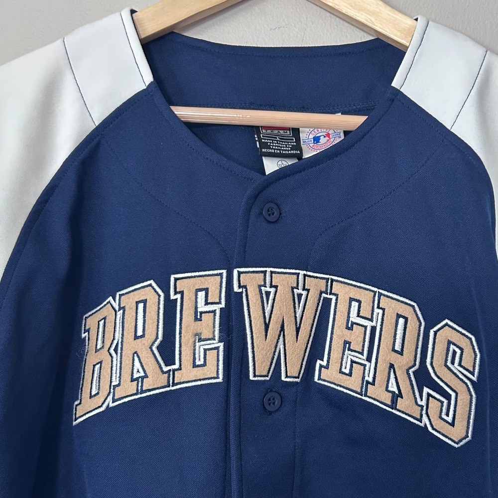 Nike Milwaukee Brewers Jersey Youth L 16/18 Navy Blue MLB Baseball Button Front